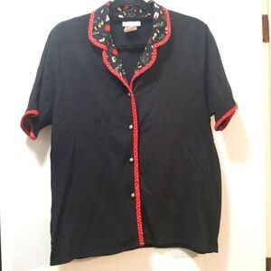 Vintage Kithie Lee Black Novelty Collared Button Down Shirt Short Sleeves Size 8